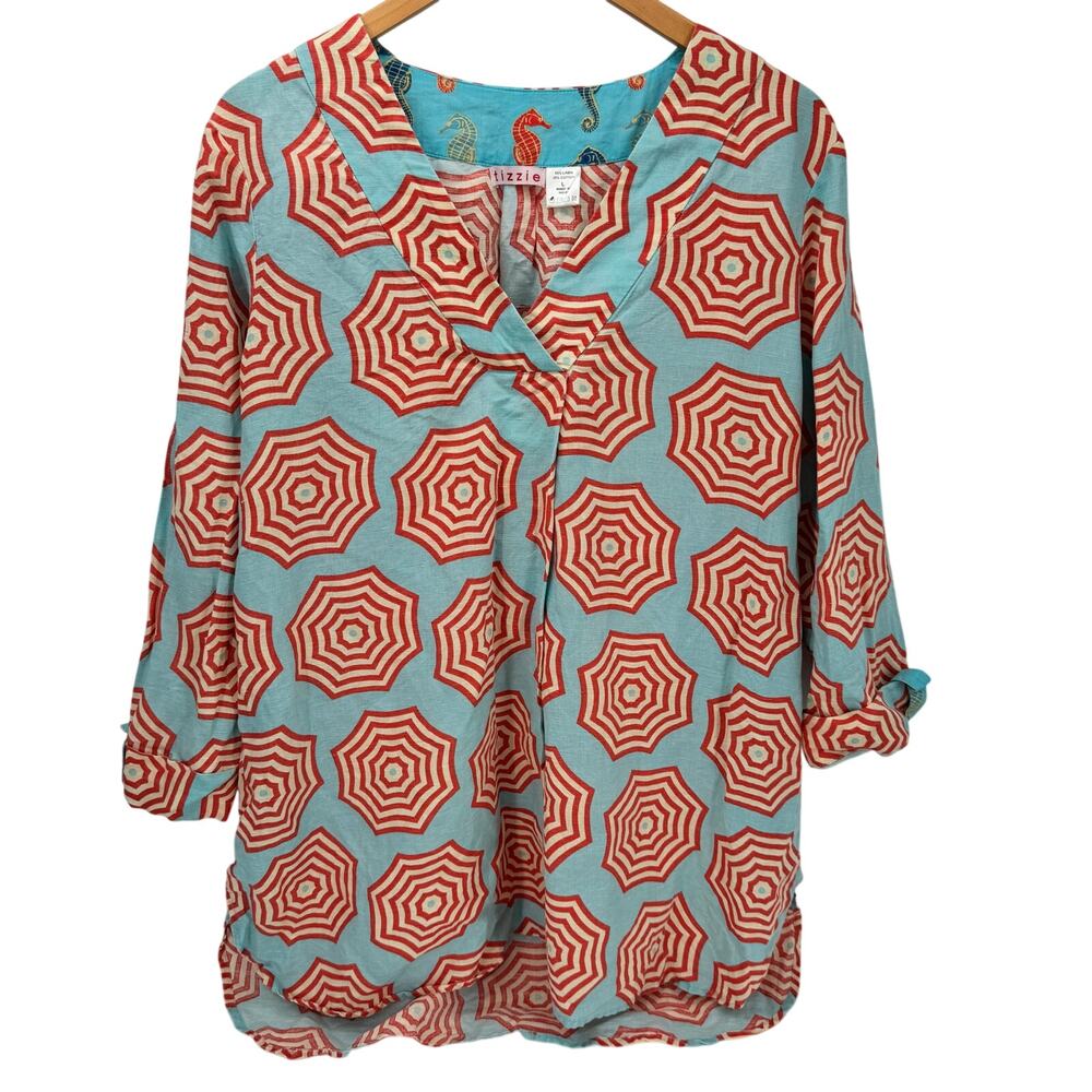 Tizzie Tunic Top Womens‎ Large Linen Cotton Coastal Blue Red V-Neck Pullover